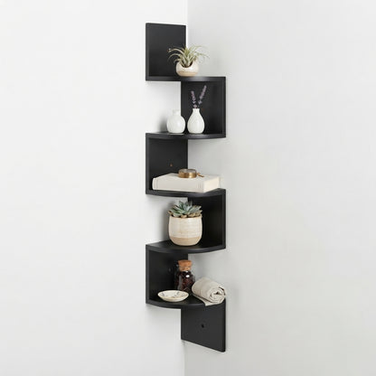 Black corner floating wall shelf with stacked open cubbies and shelf back panels