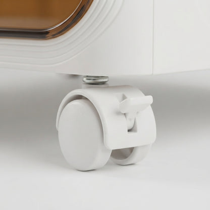 Rolling bathroom storage cabinet caster wheels and base support