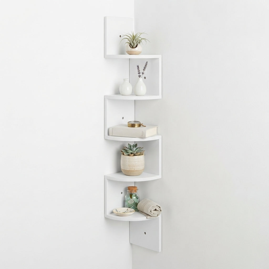 White corner floating wall shelf with open square shelves and side panel backs