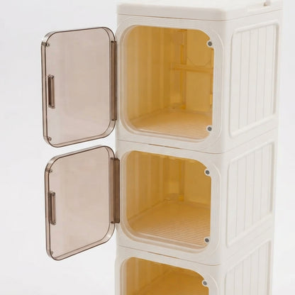 Slim rolling bathroom storage cabinet with two side doors open to reveal shelves