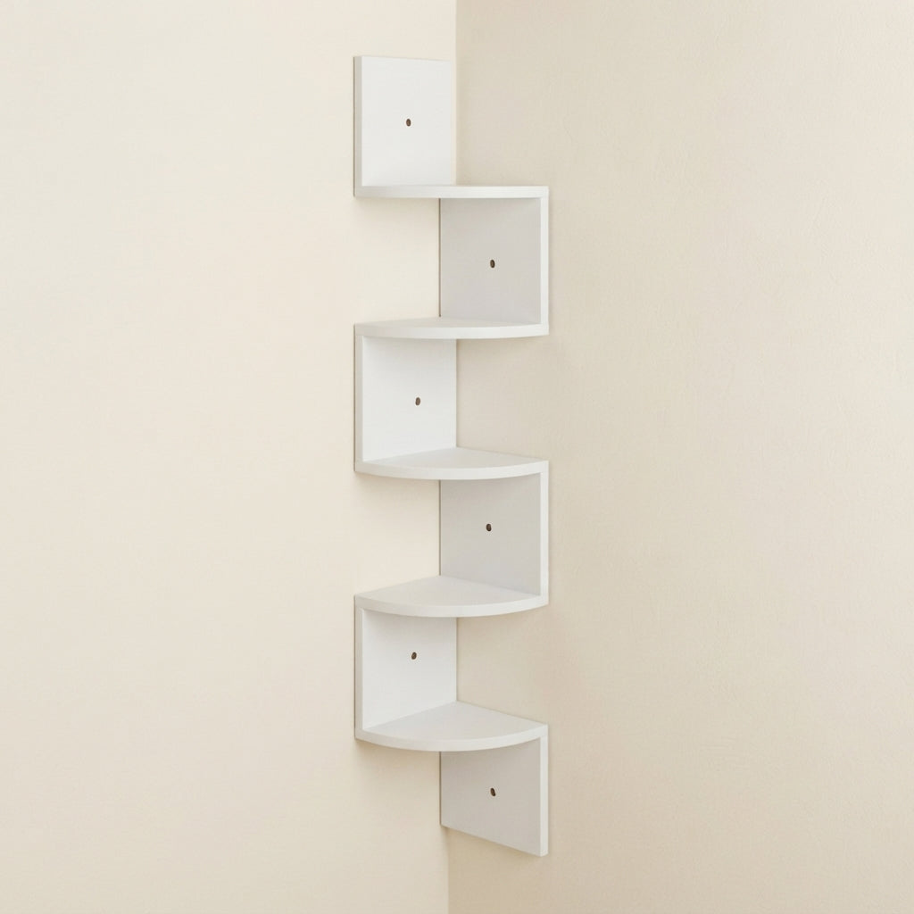 White corner floating wall shelf with stacked open cubbies and square side sections