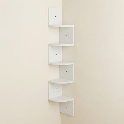 White corner floating wall shelf with stacked open cubbies and square side sections