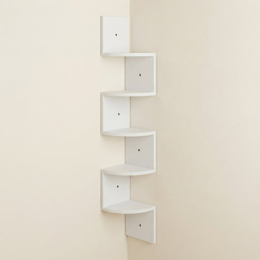 White corner floating wall shelf with stacked open cubbies and square side sections