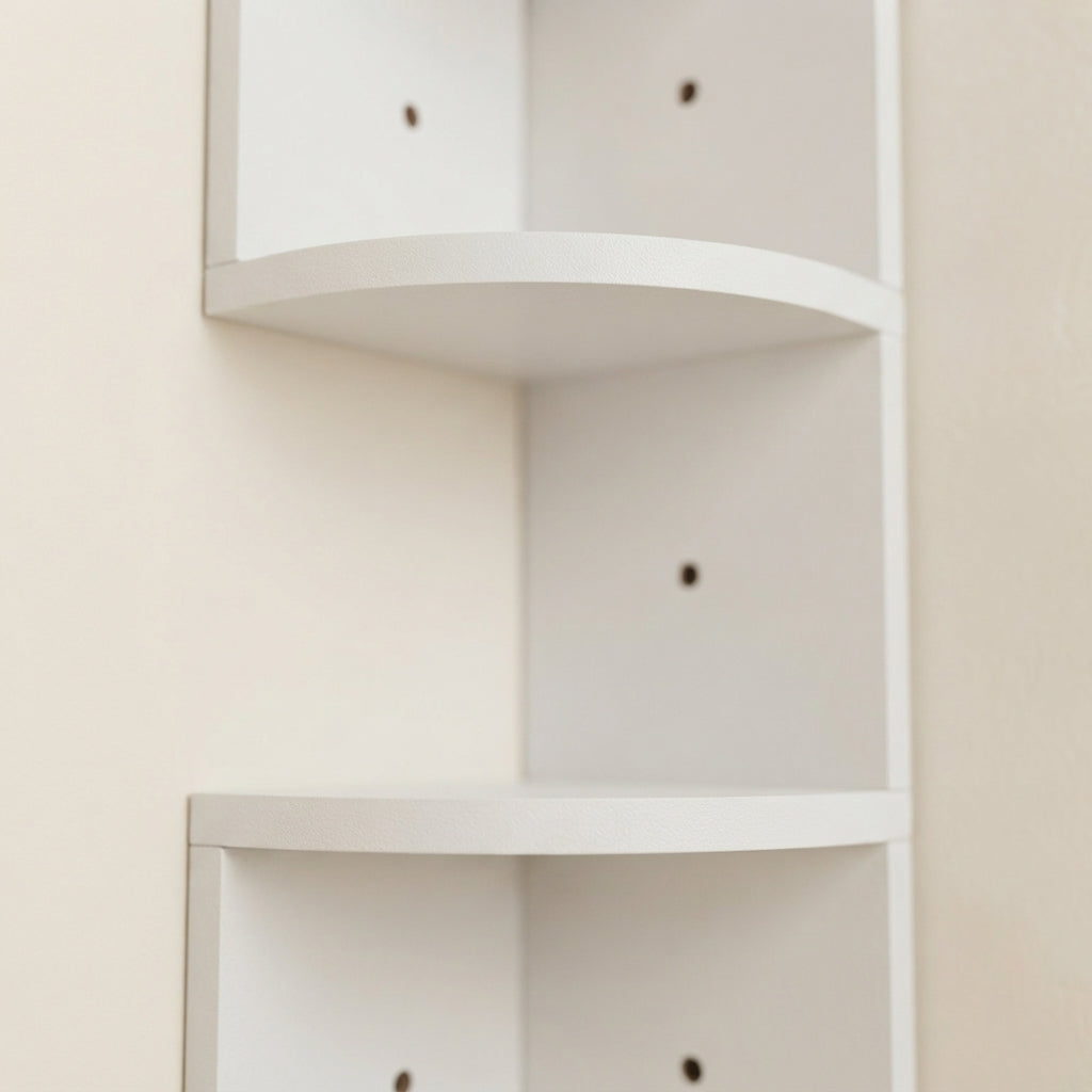 White corner floating wall shelf with stepped cubby tiers