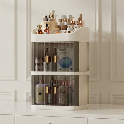 Two-tier countertop makeup organizer with top tray and clear slots for cosmetics