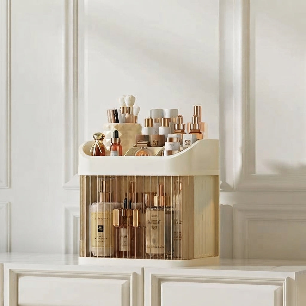 Two-tier countertop makeup organizer with open top tray and clear bottle slots