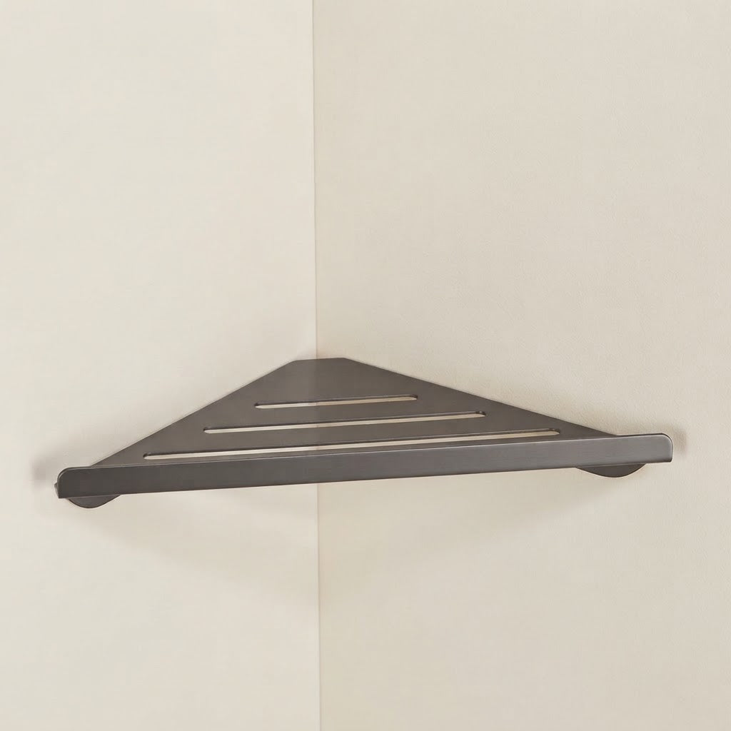 Grey stainless steel slatted corner shelf with three bar openings.
