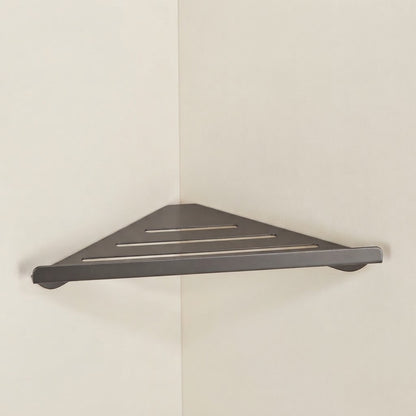 Grey stainless steel slatted corner shelf with three bar openings.