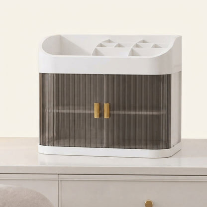 Countertop makeup organizer with white top and gray ribbed sides, single tier