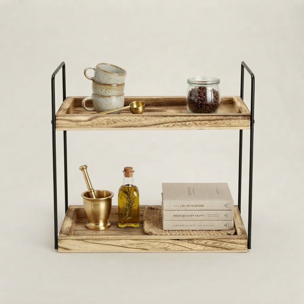 2-tier wooden kitchen worktop rack with black metal sides and shelves