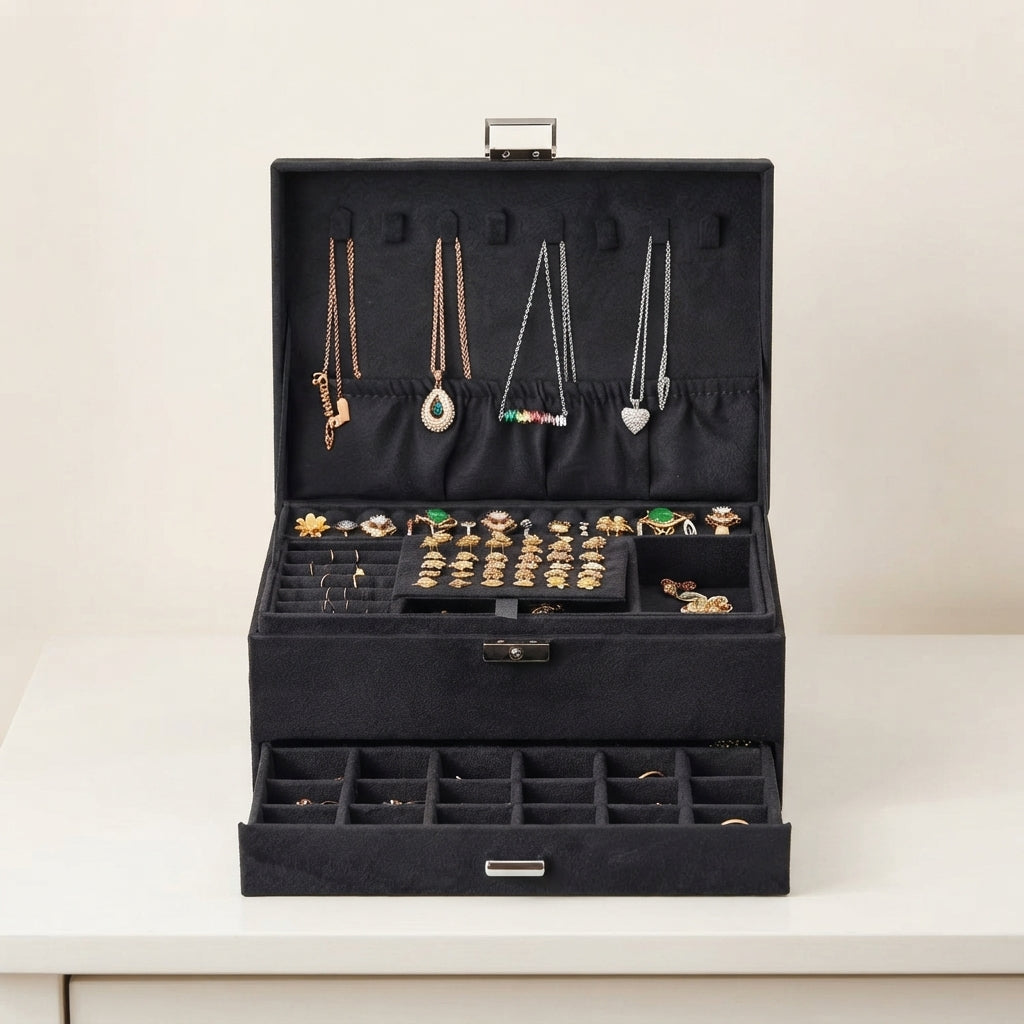 Black velvet 2-tier jewellery box open with necklace slots and ring compartments