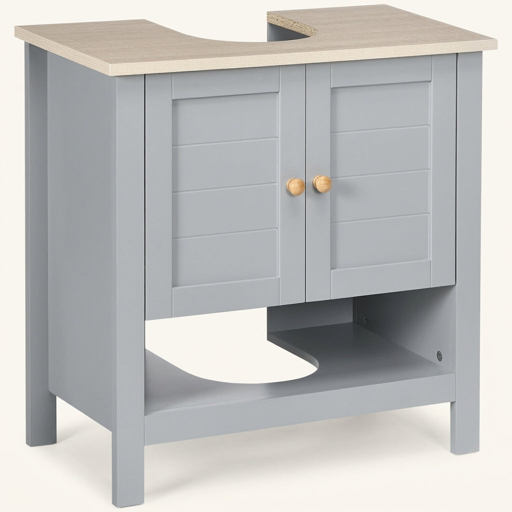 Under-sink bathroom cabinet in light blue with two doors, wood top, and open storage