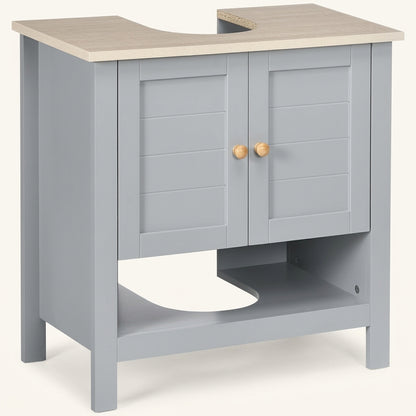 Under-sink bathroom cabinet in light blue with two doors, wood top, and open storage