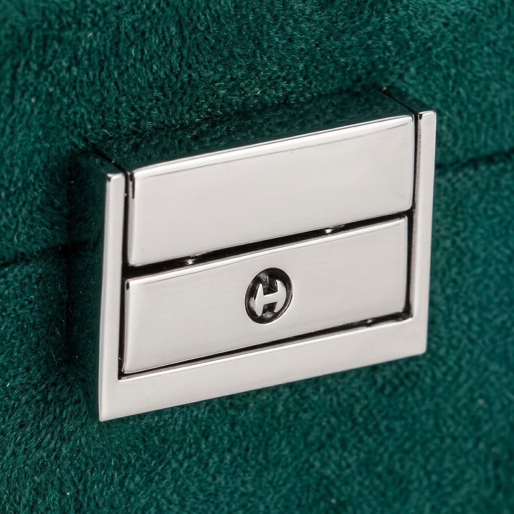 Green velvet 2-tier jewellery box front clasp with metal label detail