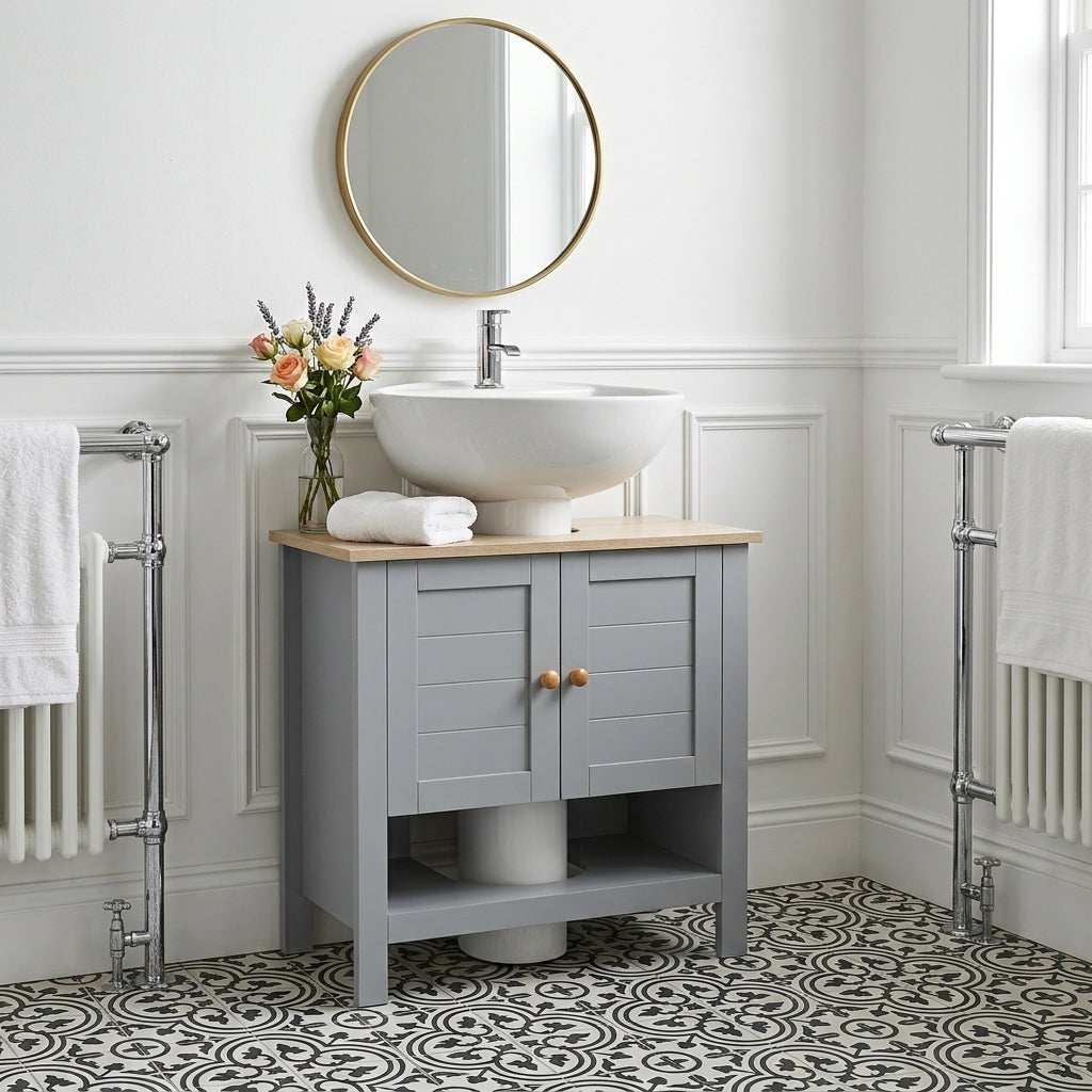 Freestanding under-sink bathroom cabinet with two doors, open middle shelf, and sink top