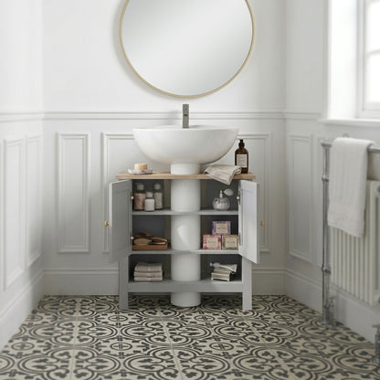 Under-sink bathroom cabinet with two-door storage and open shelf under a sink