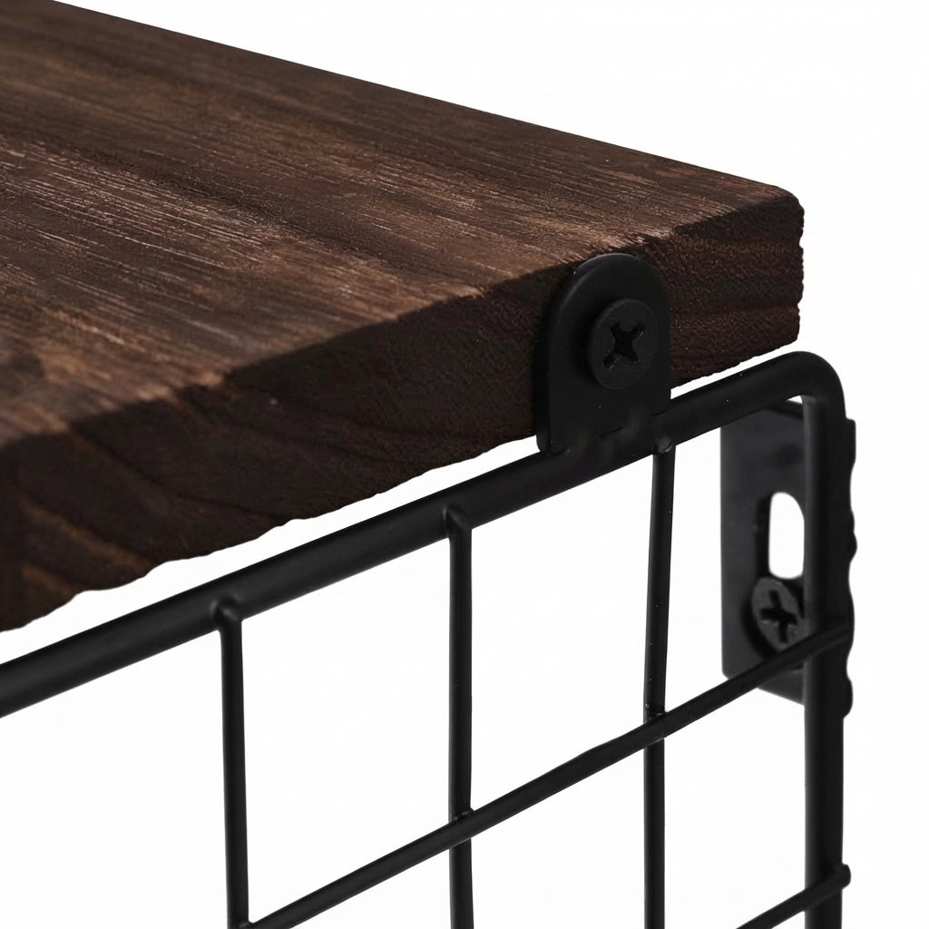 Floating wood shelf with black metal bracket and support rail