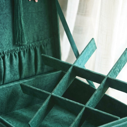 Green velvet 2-tier jewellery box with ribbon dividers and open compartments