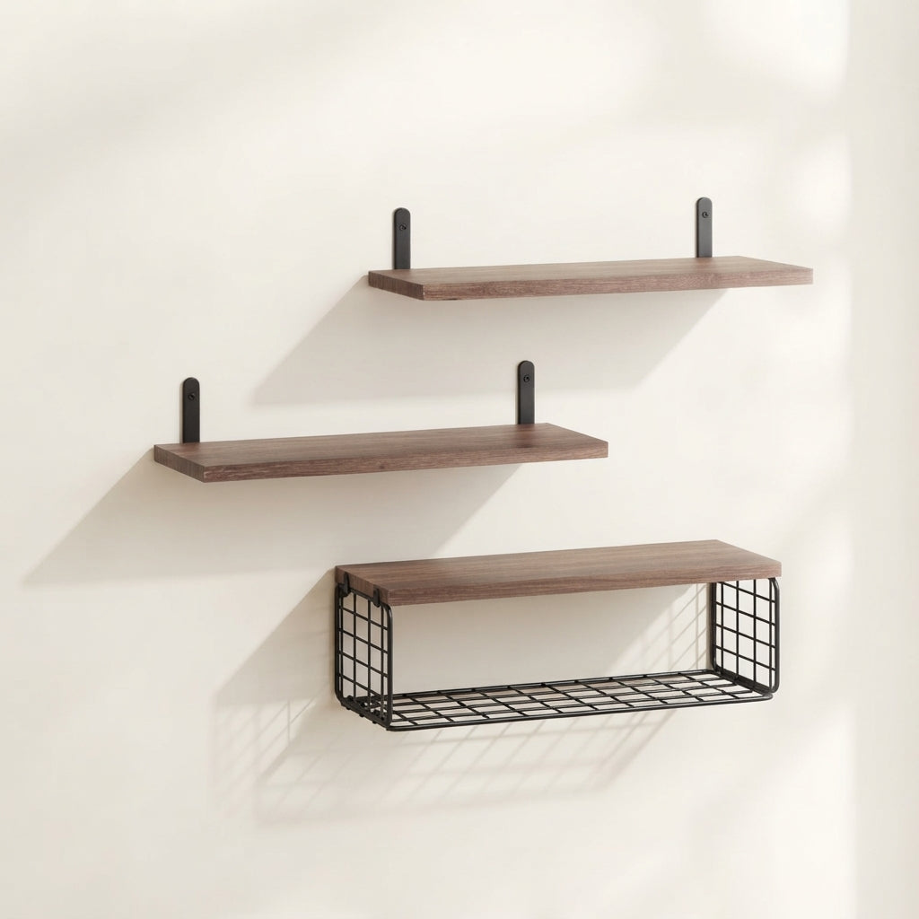 Floating wood shelf set with dark wood shelves and black wire basket base