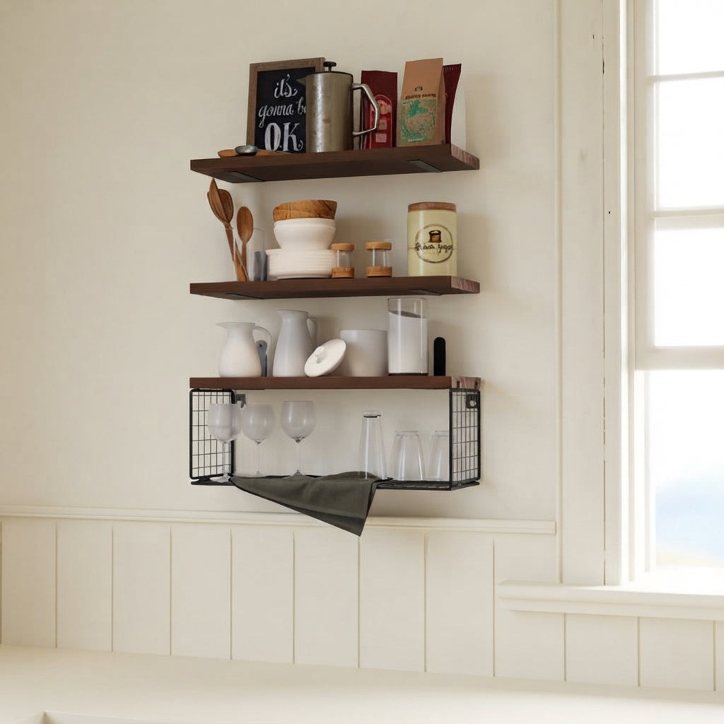 Floating wood shelf set with three tiers and black wire basket rack