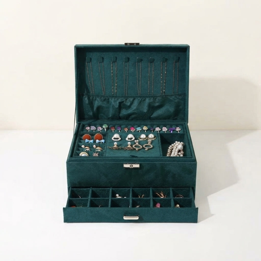 Green velvet 2-tier jewellery box open with necklace slots and divided drawers