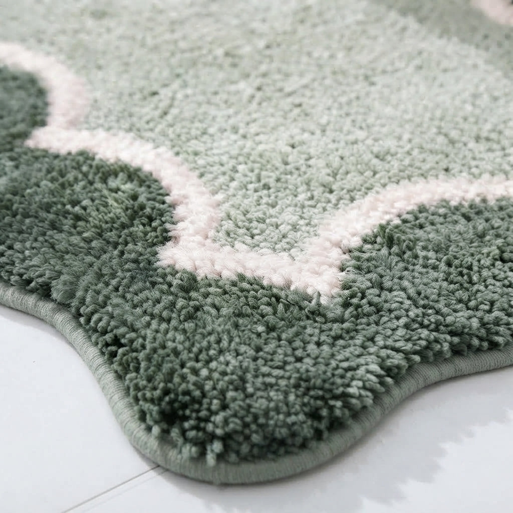 Scalloped microfibre non-slip bath mat in dark green with pale pink border pattern