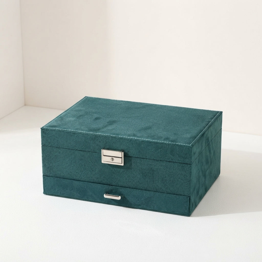 Green velvet 2-tier jewellery box closed with metal clasp and handle