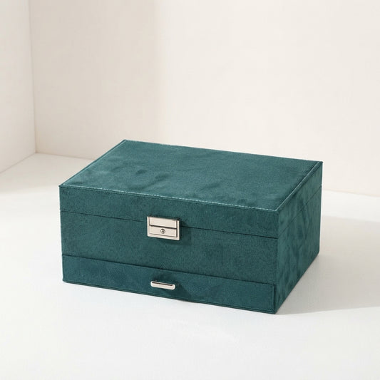 Green velvet 2-tier jewellery box closed with metal clasp and handle