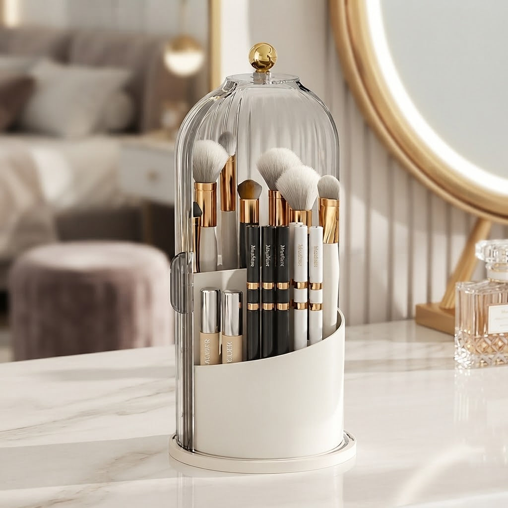 Rotating makeup brush organizer with clear dome and white bristle brushes on gold stems