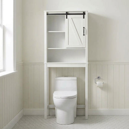 White over-toilet storage cabinet with open shelves and a door above toilet