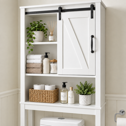 White over-toilet storage cabinet with top door and lower open shelf for toiletries