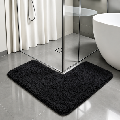 L-shaped shaggy non-slip corner bath mat, black