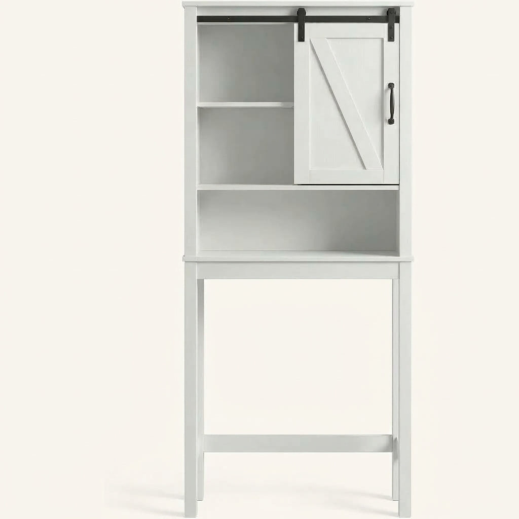 White over-toilet storage cabinet with adjustable shelves and door on upper compartment