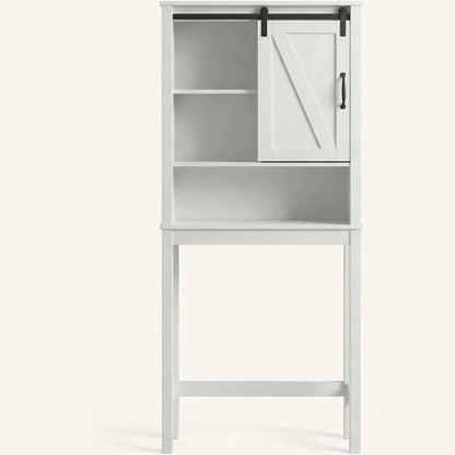 White over-toilet storage cabinet with adjustable shelves and door on upper compartment