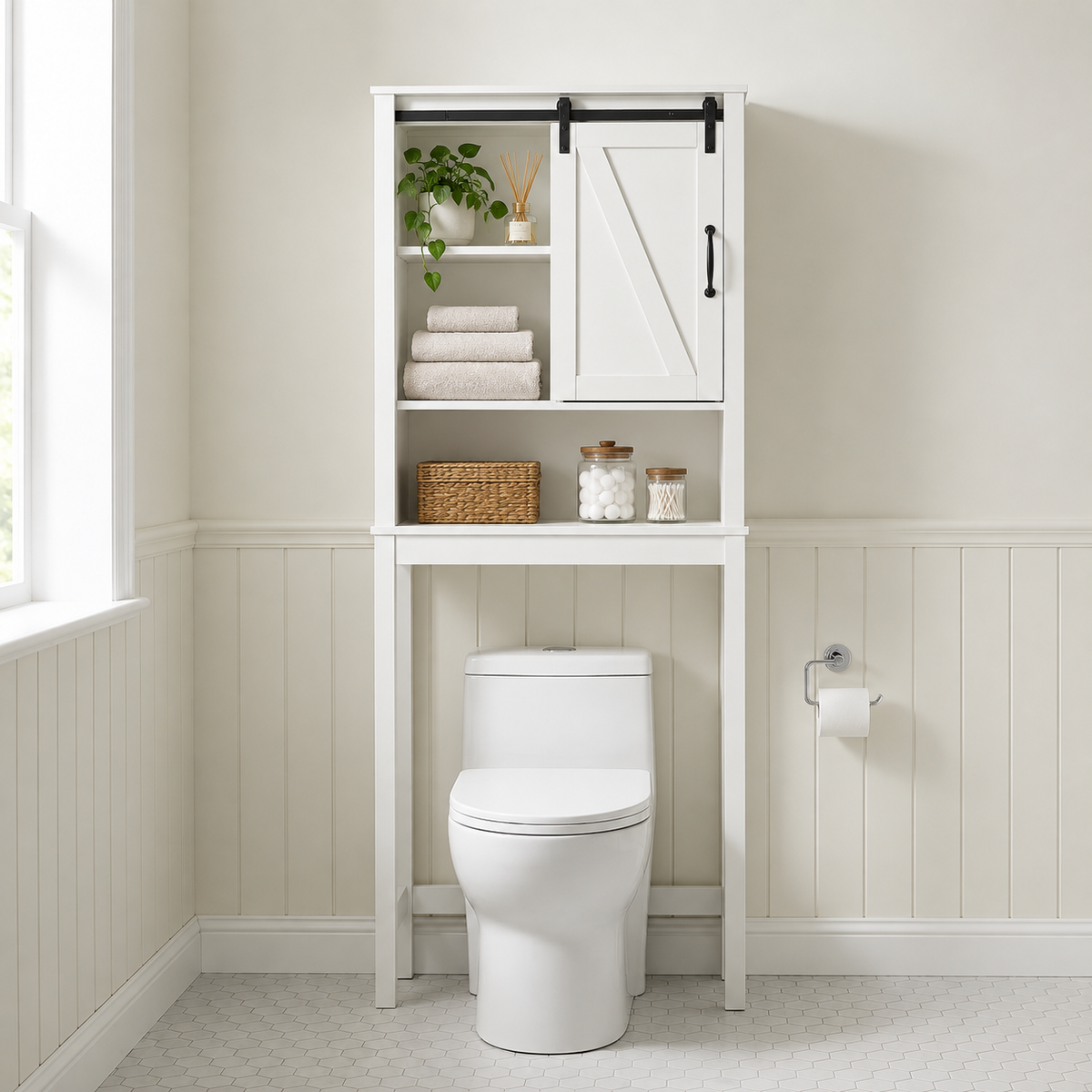 White over-toilet storage cabinet with shelves holding towels, baskets, and small containers