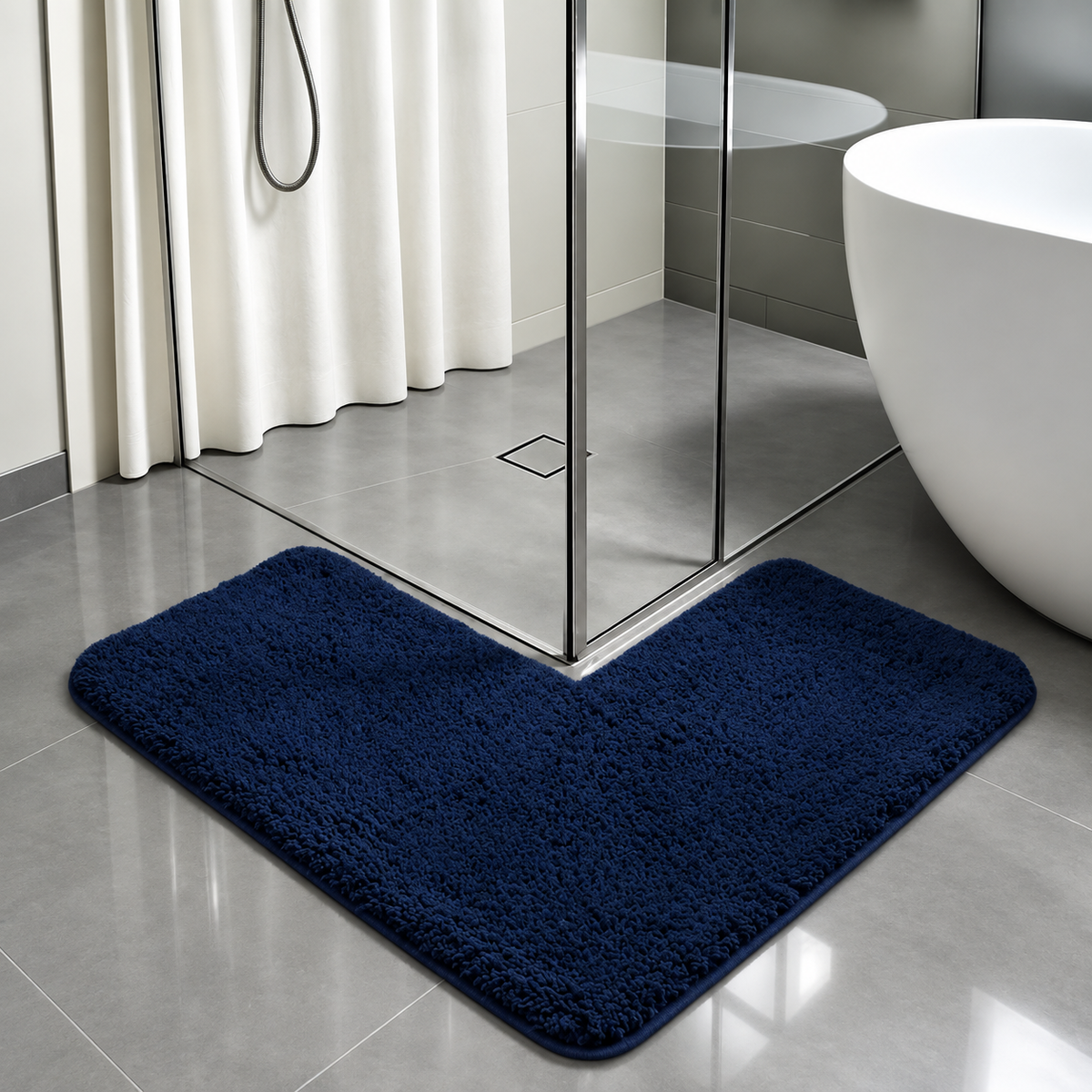 L-shaped shaggy non-slip corner bath mat, royal blue