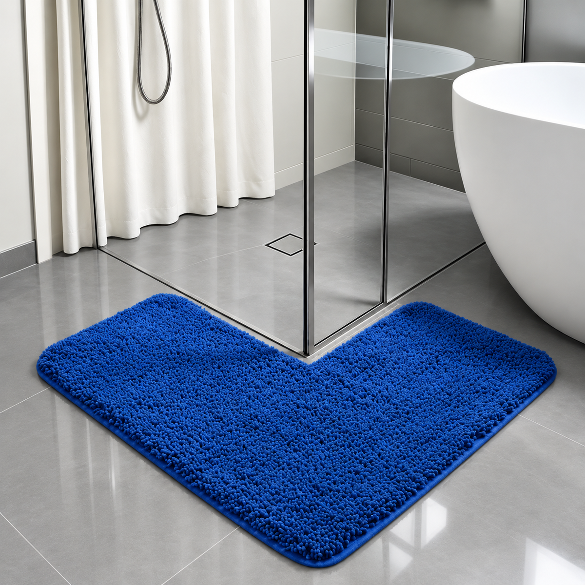 L-shaped shaggy non-slip corner bath mat, royal blue