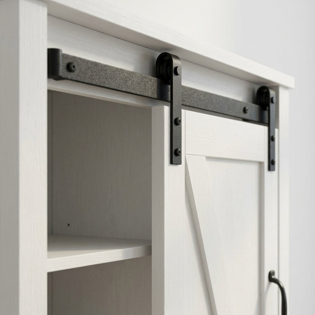 White cabinet door hinge hardware and handle on upper compartment