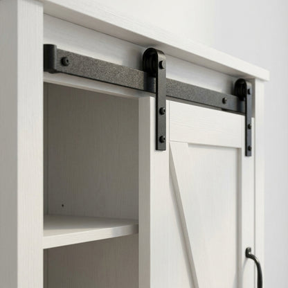 White cabinet door hinge hardware and handle on upper compartment