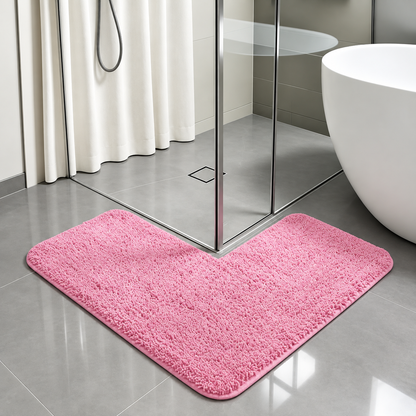 L-shaped shaggy non-slip corner bath mat, pink