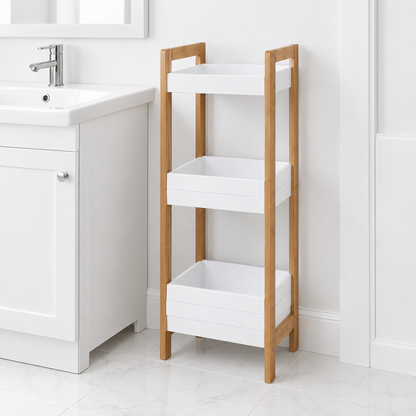 Bamboo 3-tier bathroom storage shelf with three white shelves