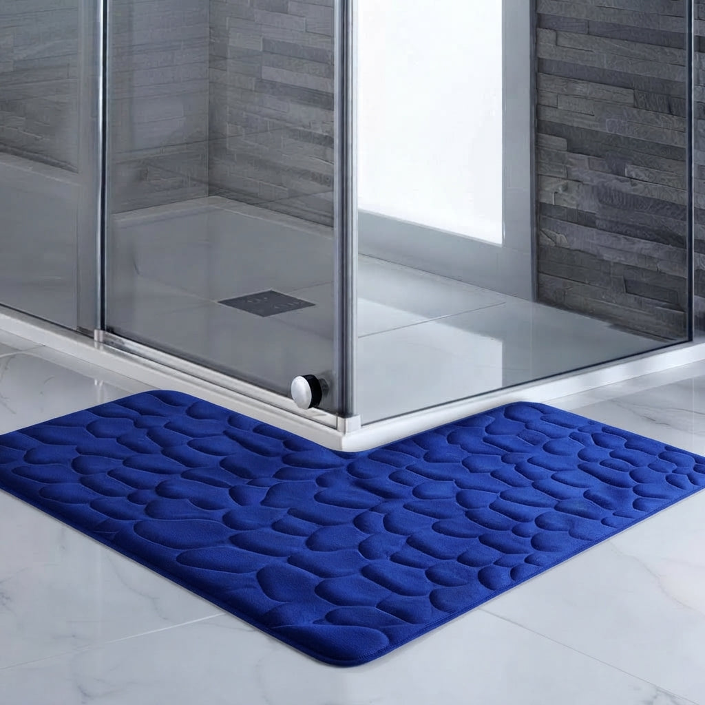 L-shaped non-slip bath mat with pebble embossing, royal blue; corner fit