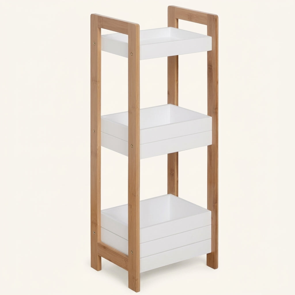 Bamboo 3-tier bathroom storage shelf with white shelves and open frame