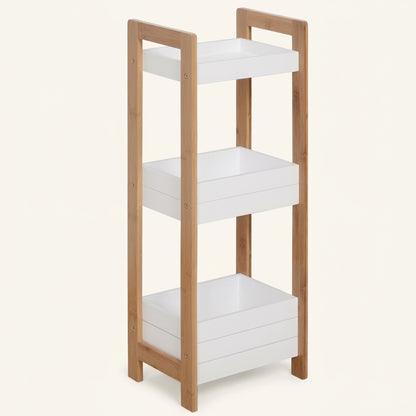 Bamboo 3-tier bathroom storage shelf with white shelves and open frame