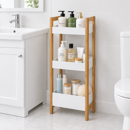 Ormby bamboo 3-tier storage shelf with white shelves, holding toiletries