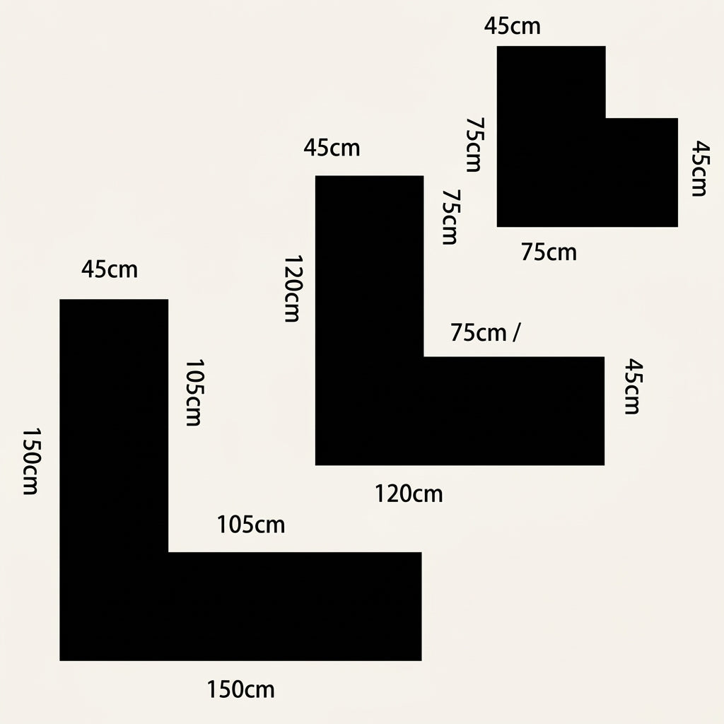 L-shaped non-slip bath mat with pebble embossing, black; corner shape diagram