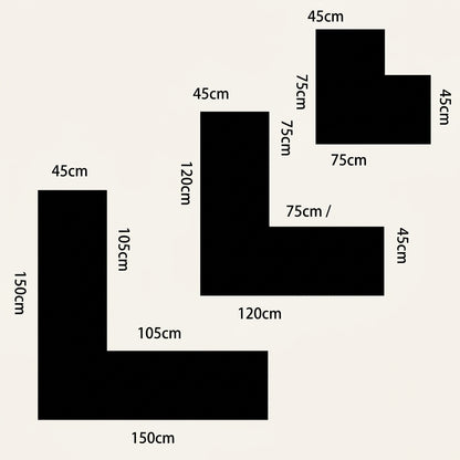 L-shaped non-slip bath mat with pebble embossing, black; corner shape diagram