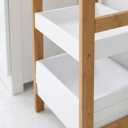 Bamboo 3-tier bathroom storage shelf with white shelves and bamboo side rails