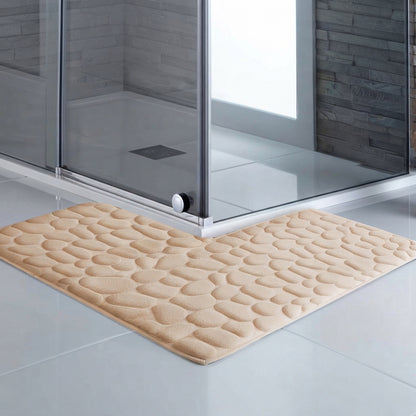 L-shaped non-slip bath mat with pebble embossing, beige; corner fit