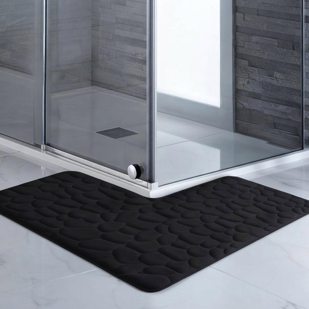 L-shaped non-slip bath mat with pebble embossing, black; corner fit